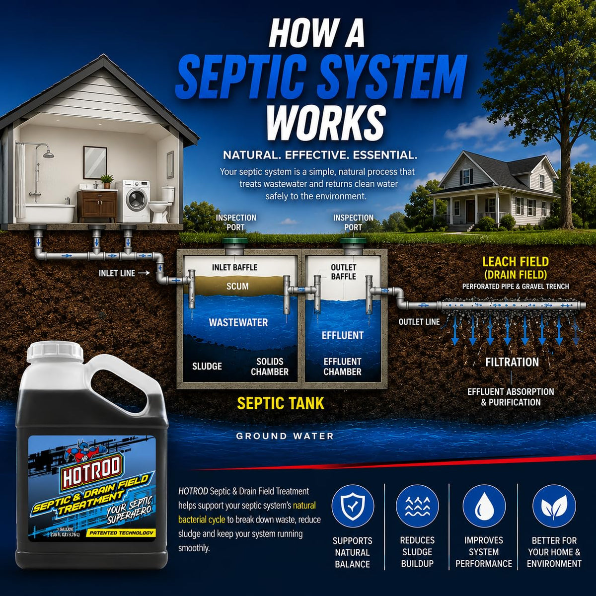 How a septic system and drain field work with HOTROD treatment